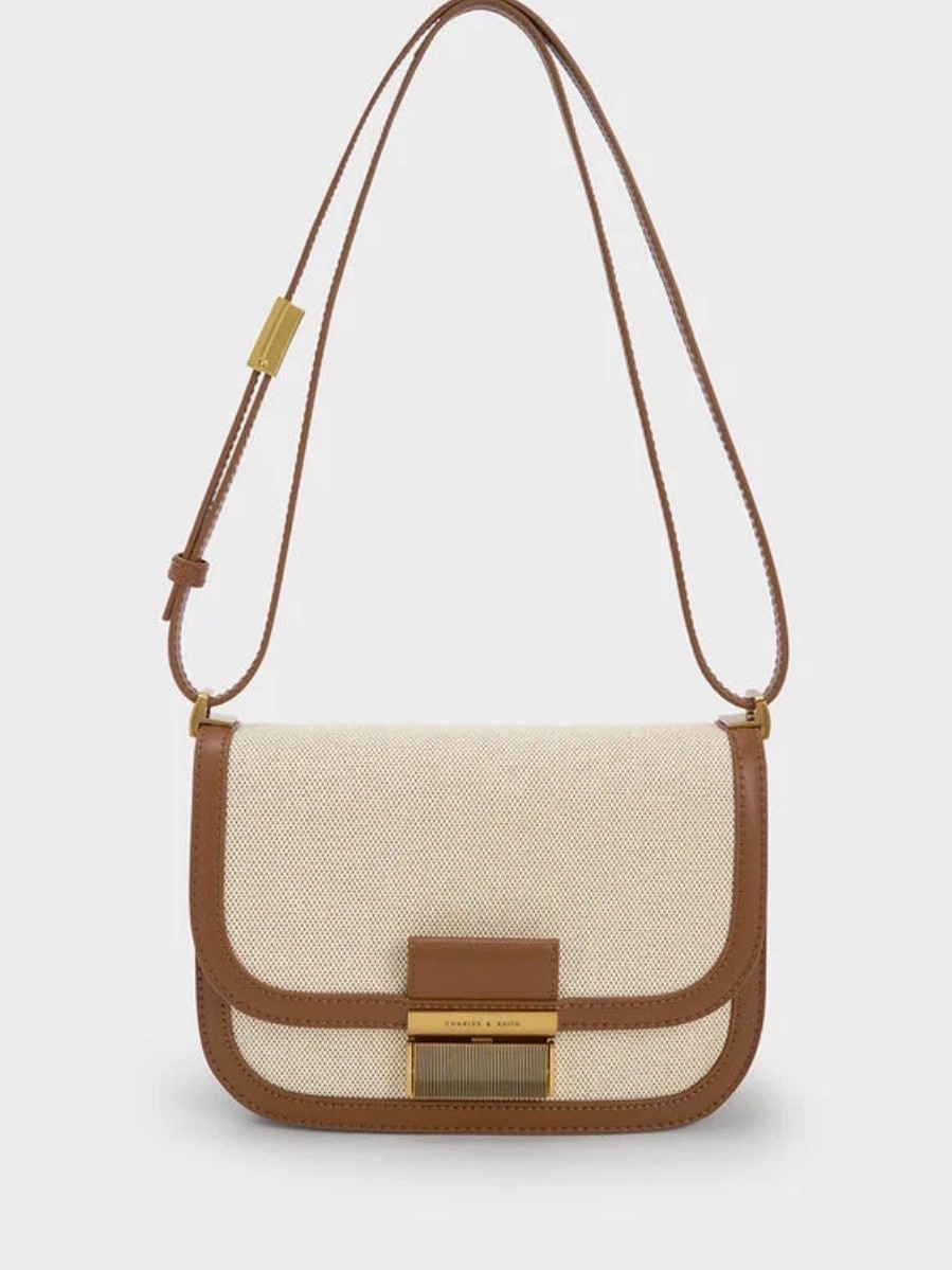 Charles & Keith Cream And Brown Canvas Crossbody With Gold Hardware